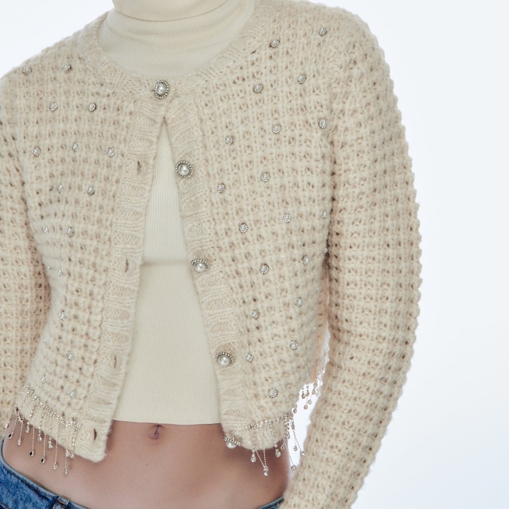 Zara Cream Textured Cardigan with Bead Accents